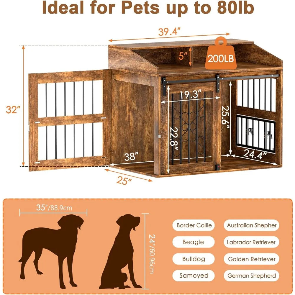Large dog cage furniture with sliding barn door