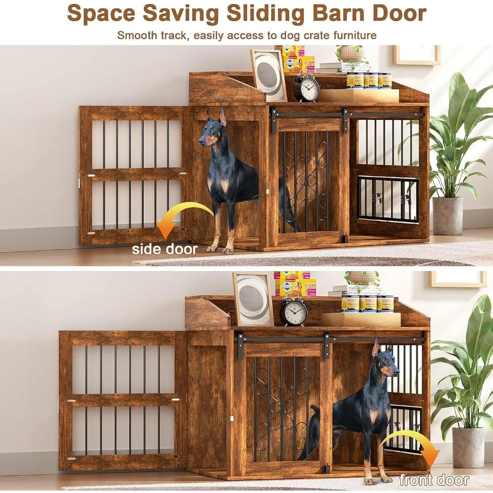 Large dog cage furniture with sliding barn door
