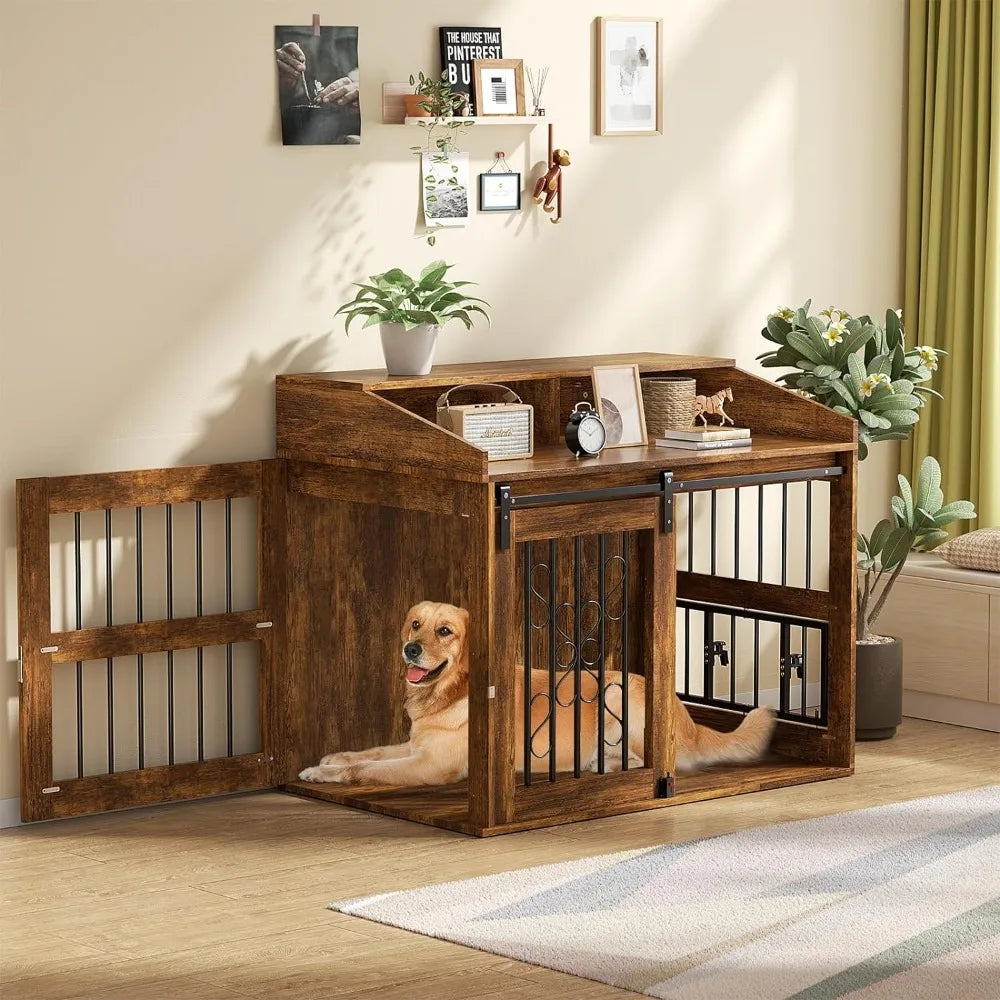 Large dog cage furniture with sliding barn door
