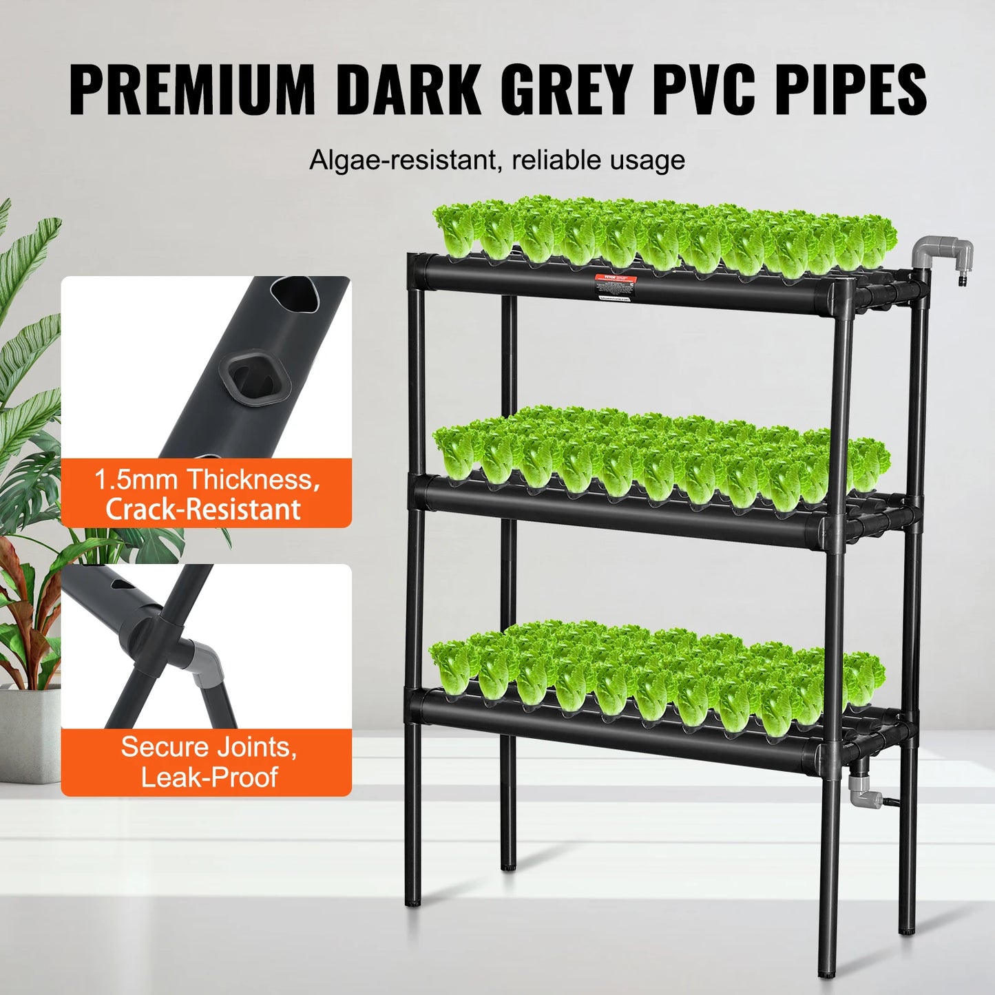 Hydroponics Dark Grey PVC Pipes with Water Timer Baskets and Sponges