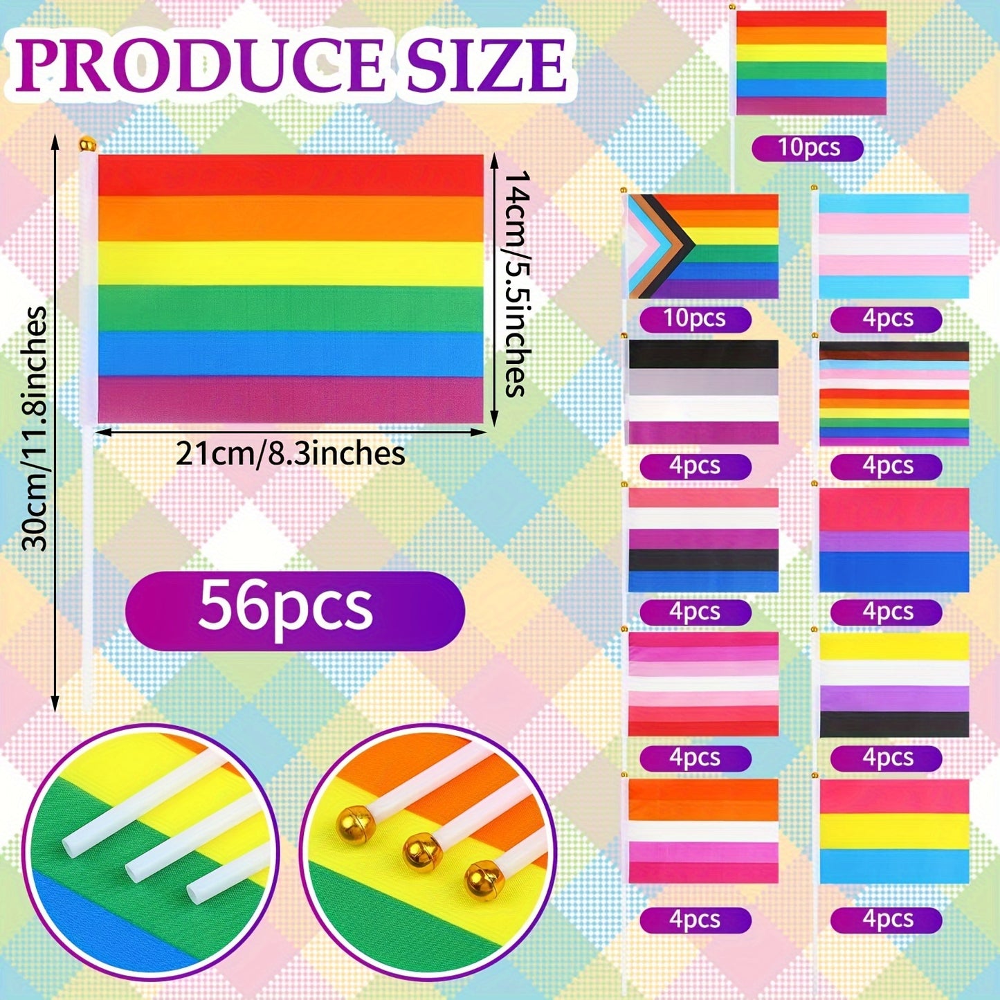 56pcs Mini Rainbow Pride Stick Flag Set